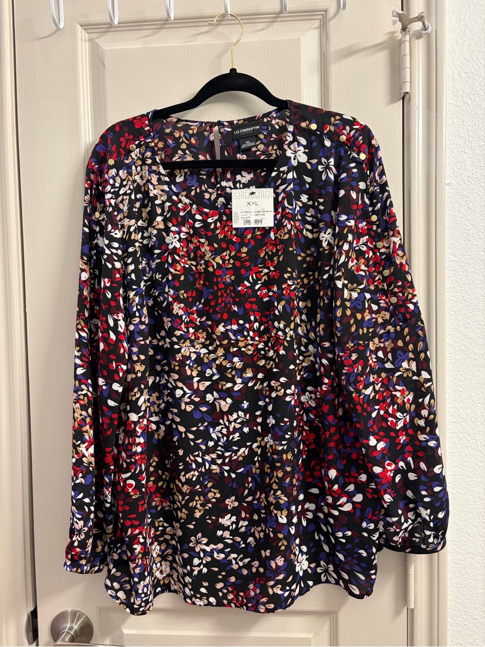 Liz Claiborne Black Floral Blouse with Red, Blue & Cream Accents